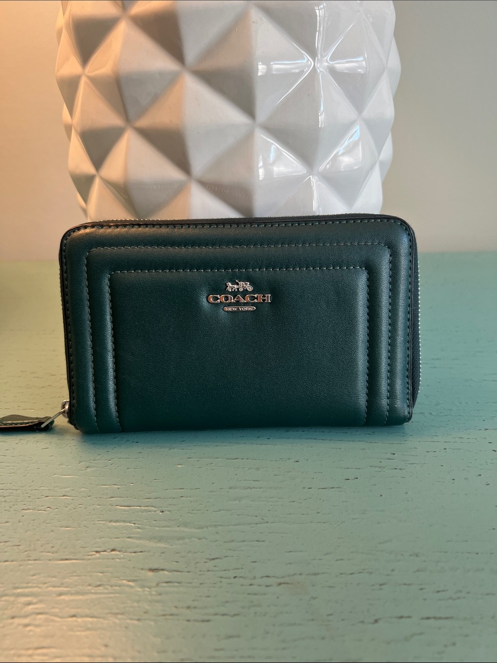 Coach Teal Zip Wallet with Silver Logo
